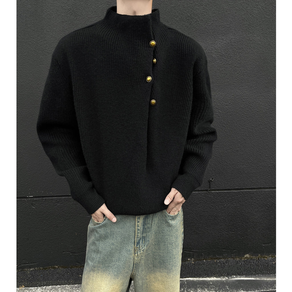 Irregularly buttoned high-neck sweater with a stylish and laid-back vibe, oversized knitted top