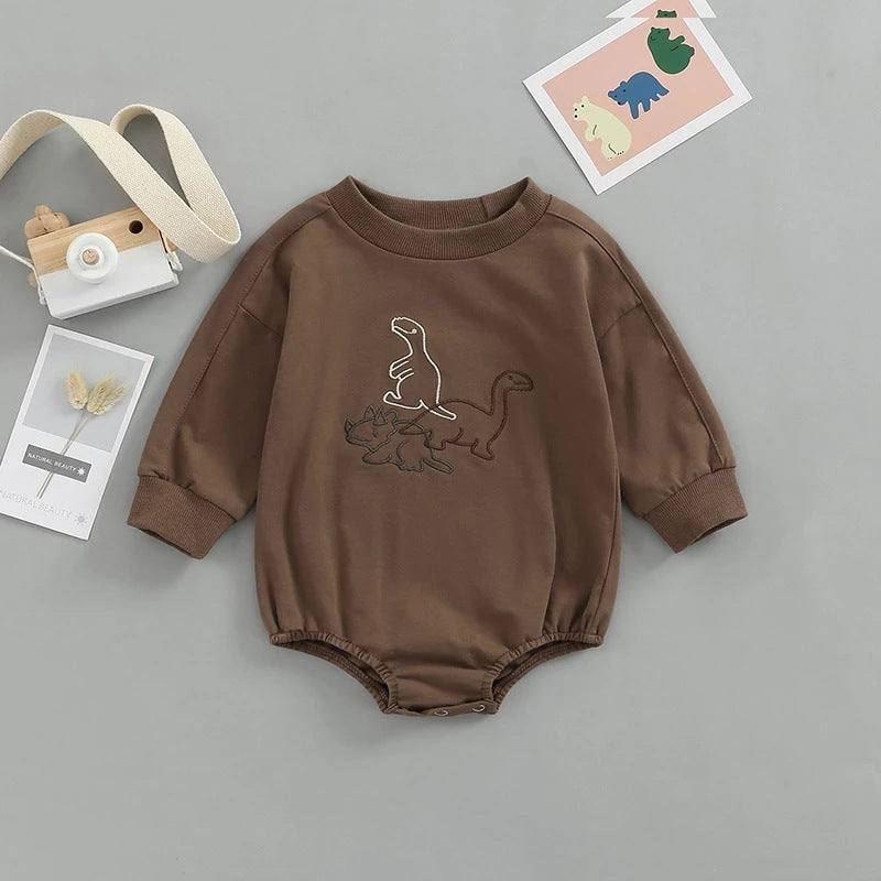 autumn babies and toddlers solid color one-piece climbing suit European and American children's cartoon dinosaur embroidered Ha clothes