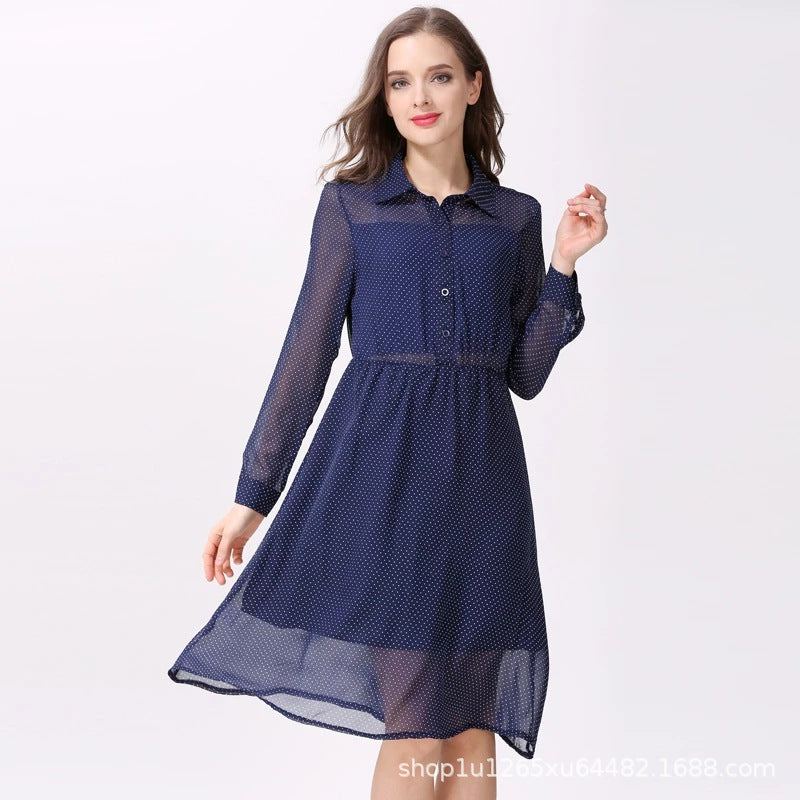 Spring and Autumn Chiffon maternity dress, hot mom's outerwear, lapel long-sleeved lactation dress, polka dot maternity dress