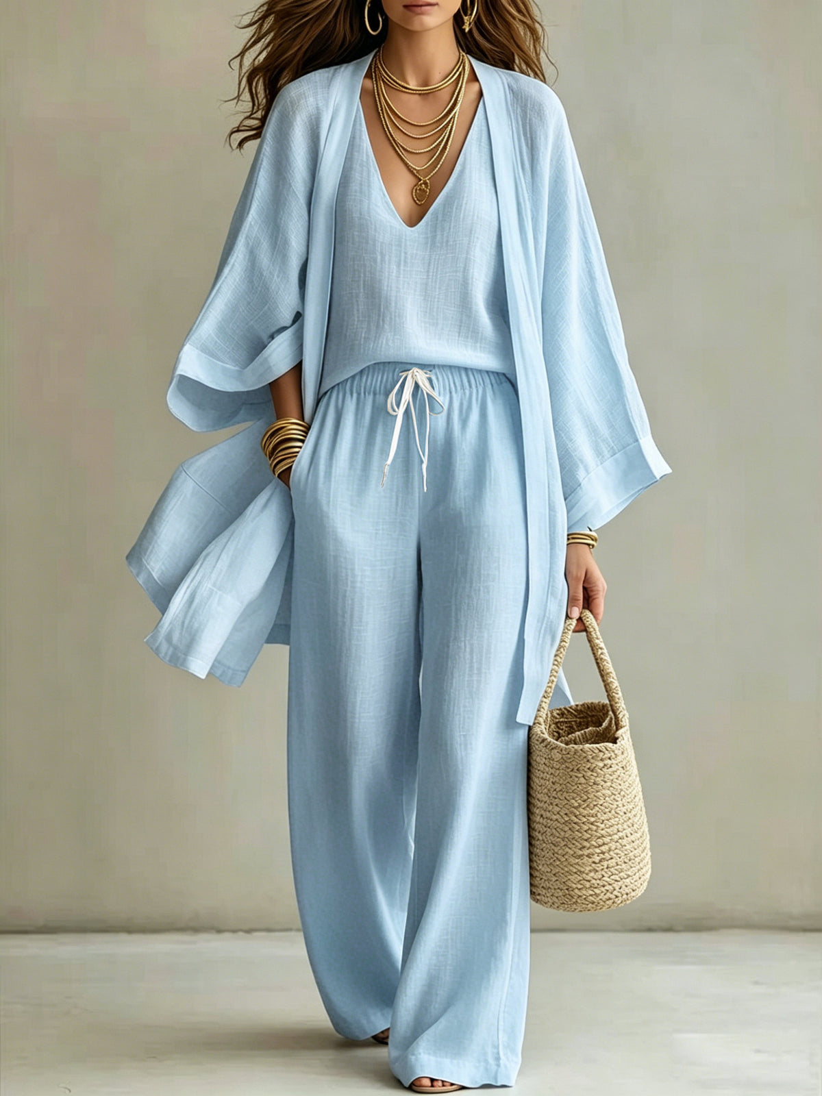 Loose cotton and linen mid-length nine-quarter sleeve cardigan, sleeveless vest and long pants casual three-piece set 2