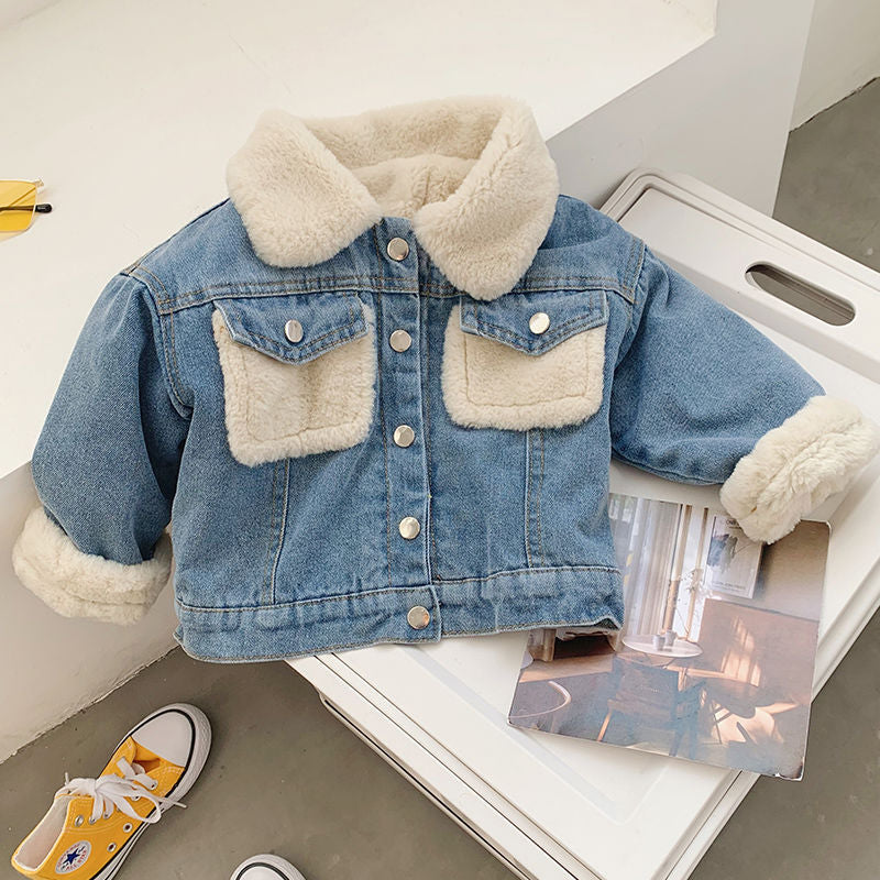 Free mail for children with plush and thick denim coat foreign 2021 winter wear new girls Korean denim boys
