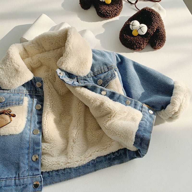 Free mail for children with plush and thick denim coat foreign 2021 winter wear new girls Korean denim boys