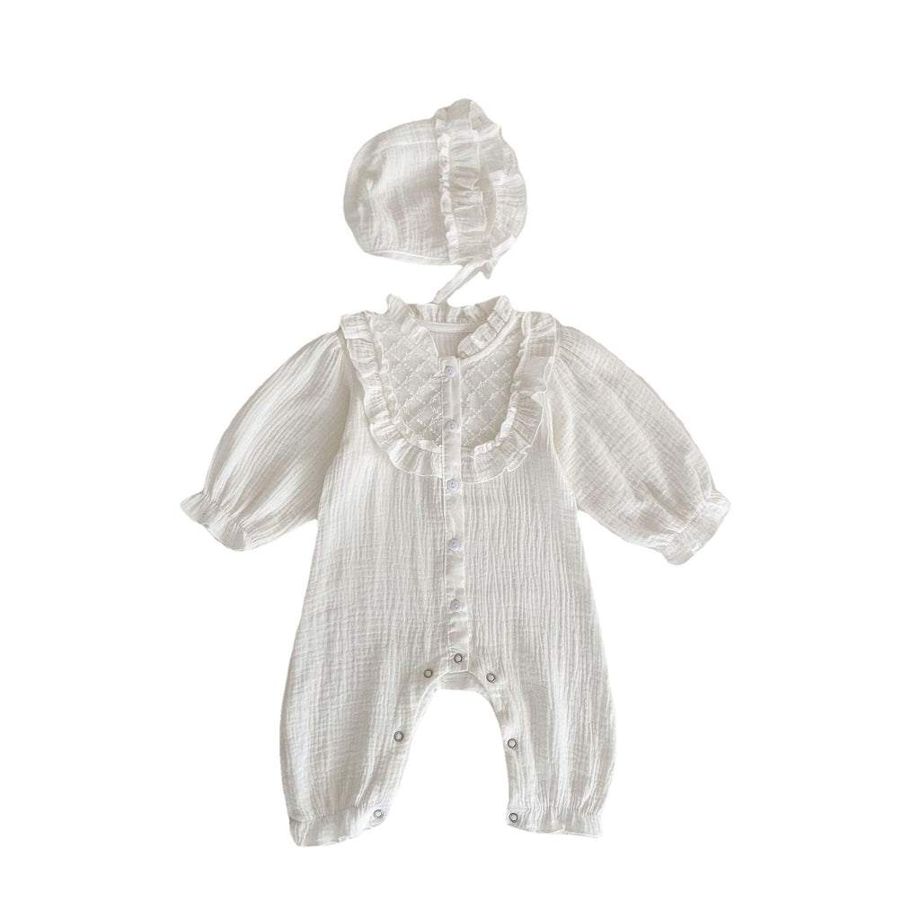 autumn wood ear collar lace new baby toddler virgin girl baby cotton crepe fabric jacquard long-sleeved jumpsuit Long climb