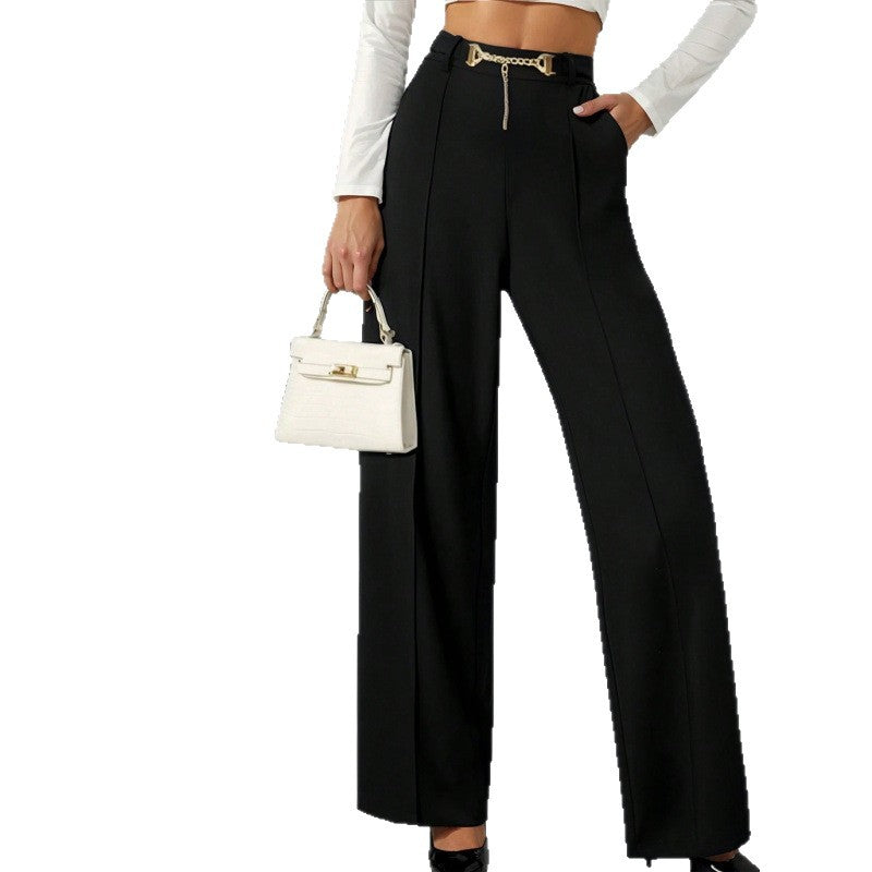 This is a pair of high-waisted straight-leg black high-end drape trousers for spring and autumn, paired with a belt