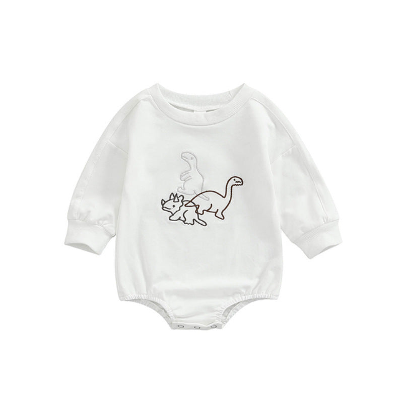 autumn babies and toddlers solid color one-piece climbing suit European and American children's cartoon dinosaur embroidered Ha clothes