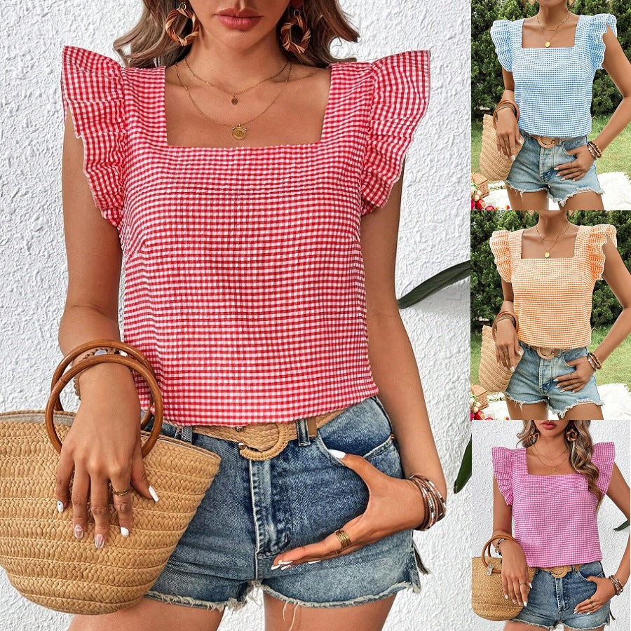 Women's plaid square-neck ruffled shirt top
