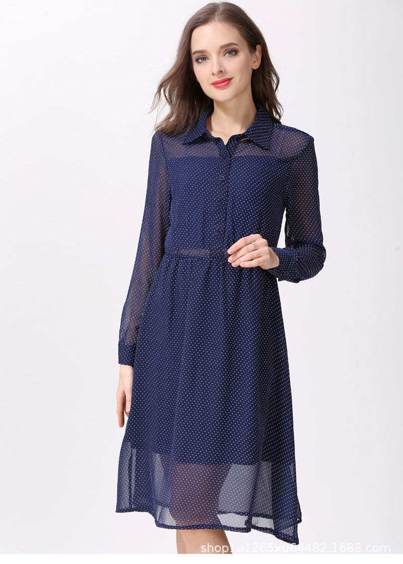 Spring and Autumn Chiffon maternity dress, hot mom's outerwear, lapel long-sleeved lactation dress, polka dot maternity dress