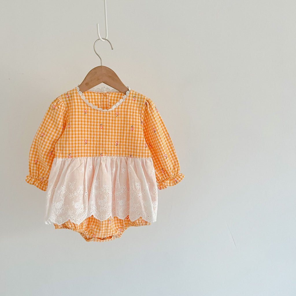 ins fall new baby children's onesie girl baby plaid small floral lace apron ha clothing climbing suit
