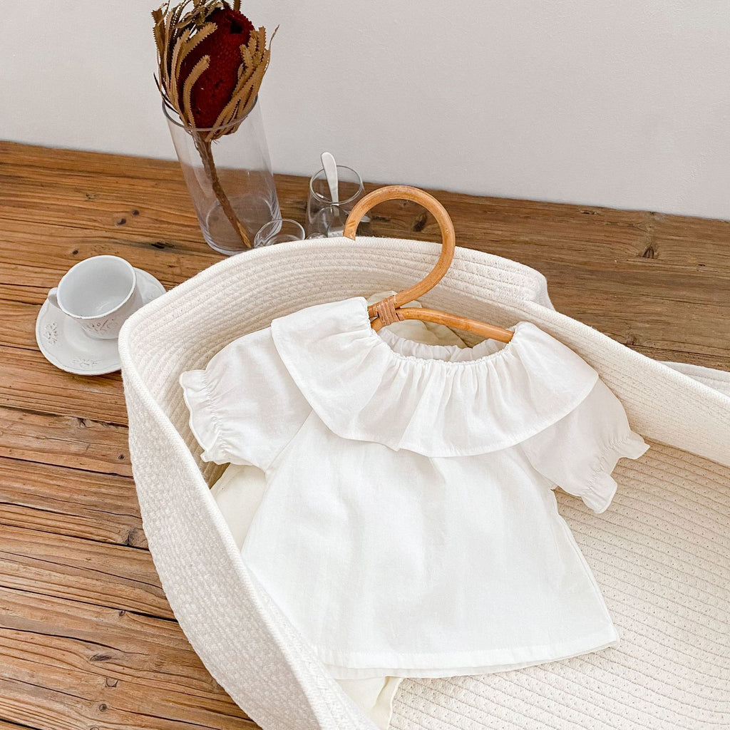 Infants and young children's T-shirt  summer new female baby lotus collar short-sleeved shirt top white matching style