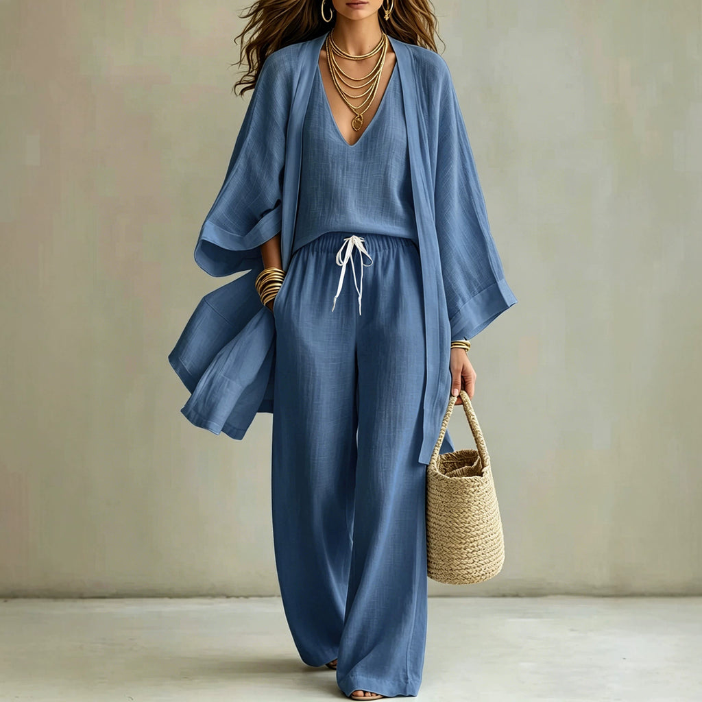 Loose cotton and linen mid-length nine-quarter sleeve cardigan, sleeveless vest and long pants casual three-piece set 2