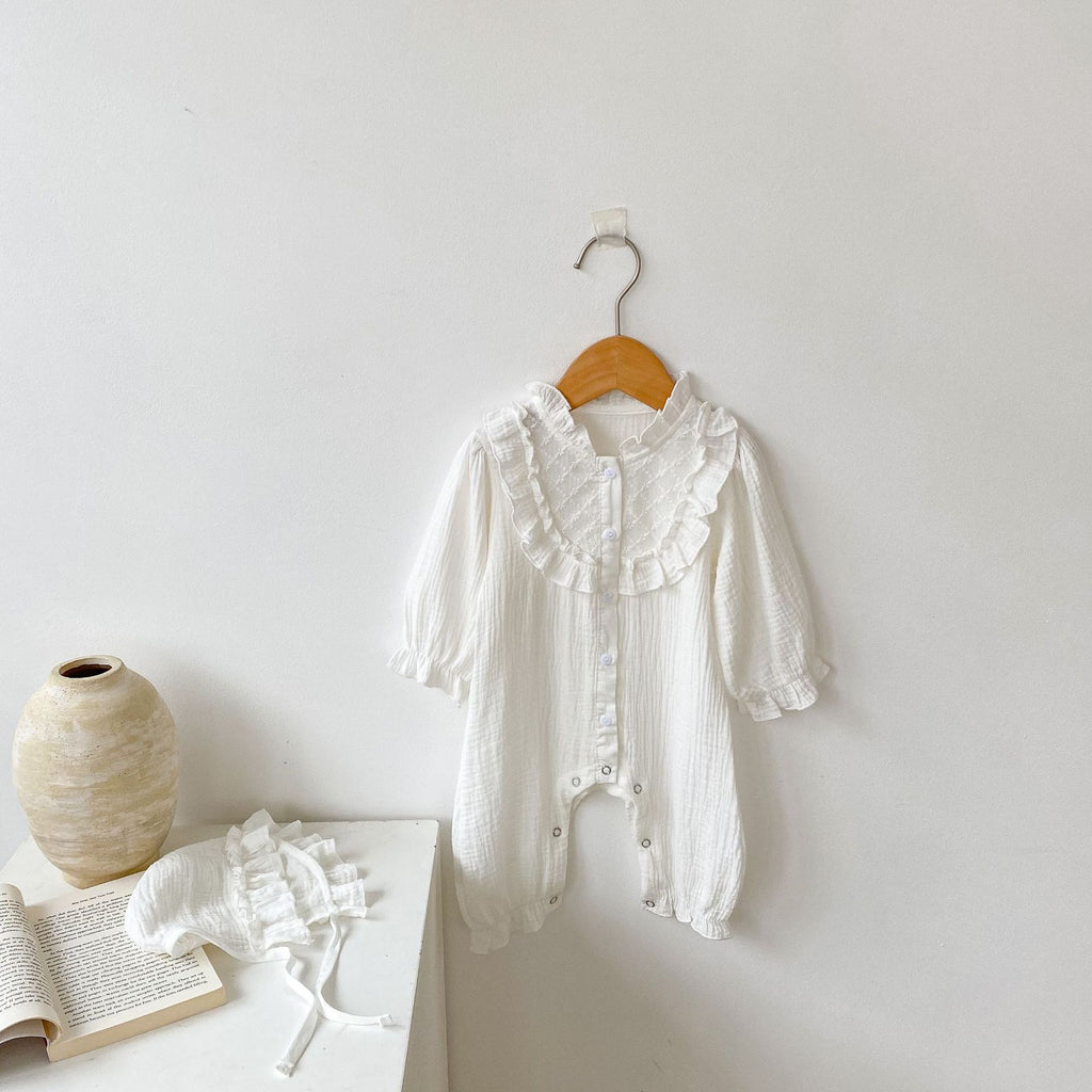 autumn wood ear collar lace new baby toddler virgin girl baby cotton crepe fabric jacquard long-sleeved jumpsuit Long climb