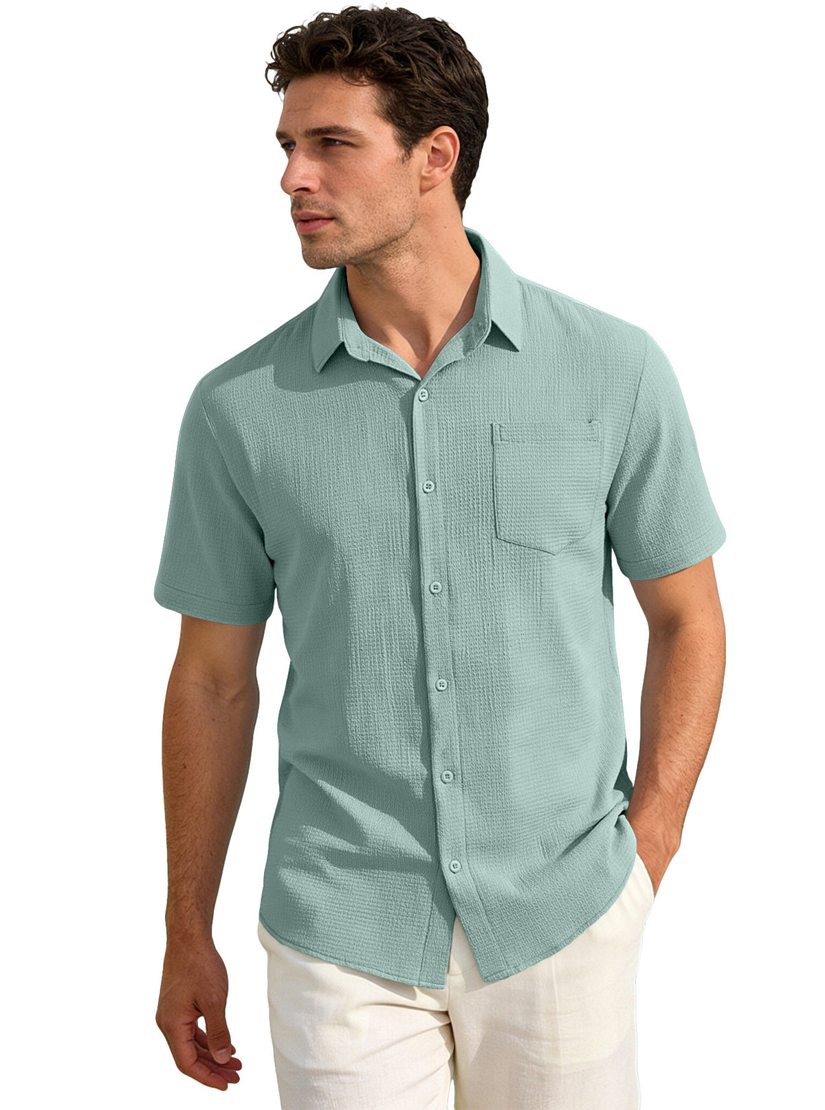 Men's solid-color lapel button-down short-sleeved business casual plate-size men's shirt