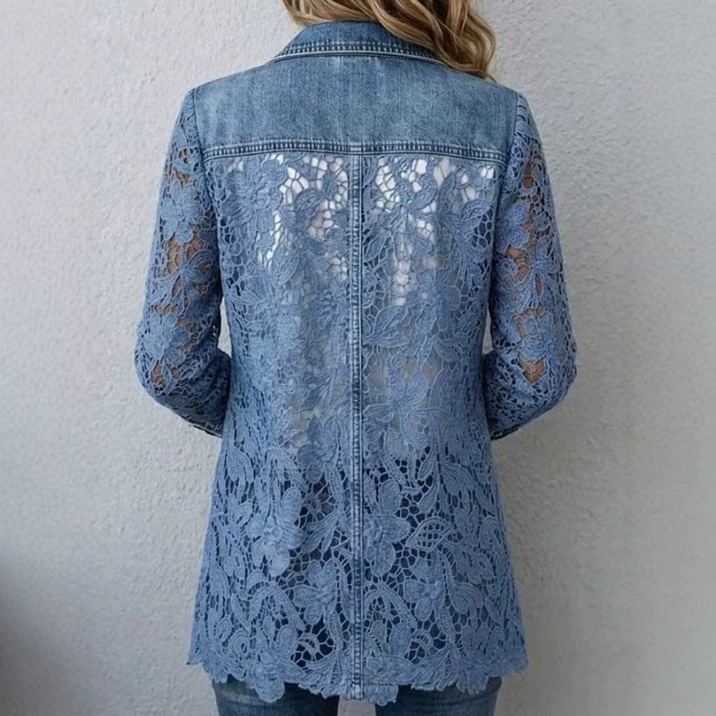 Autumn and winter faux denim jacket single-button mid-length gentle commuter patchwork floral lace suit jacket