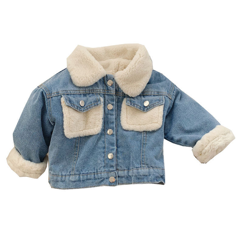 Free mail for children with plush and thick denim coat foreign 2021 winter wear new girls Korean denim boys