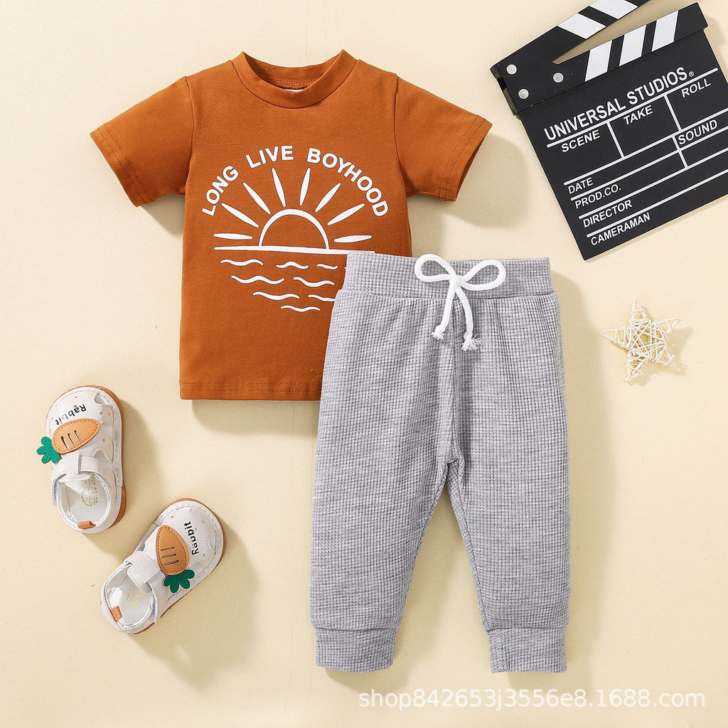 Amazon summer for summer short sleeve top + gray pants two-piece set manufacturers direct supply