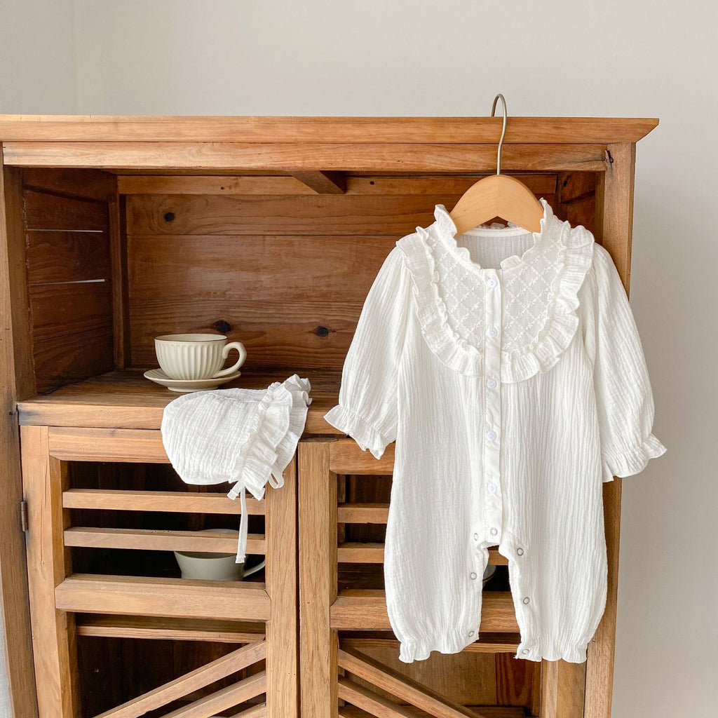 autumn wood ear collar lace new baby toddler virgin girl baby cotton crepe fabric jacquard long-sleeved jumpsuit Long climb