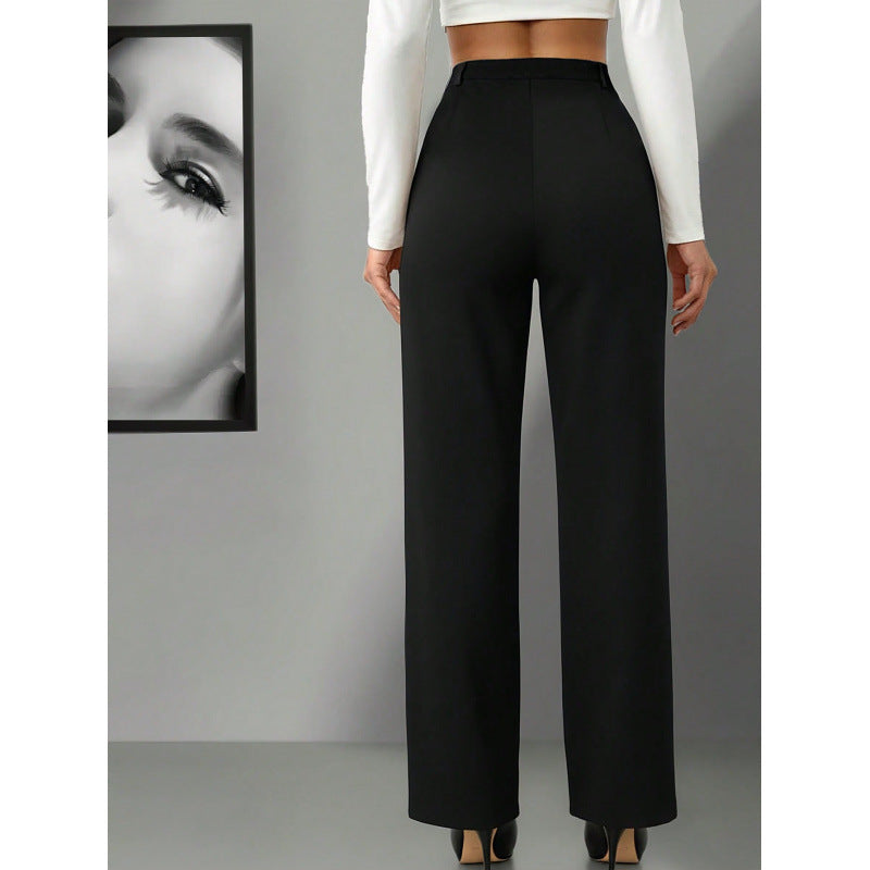 This is a pair of high-waisted straight-leg black high-end drape trousers for spring and autumn, paired with a belt