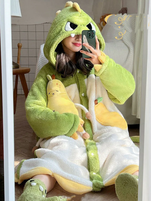 Little Dinosaur coral velvet pajamas Women's 2022 winter home plush plus velvet thickened long flannel nightgown
