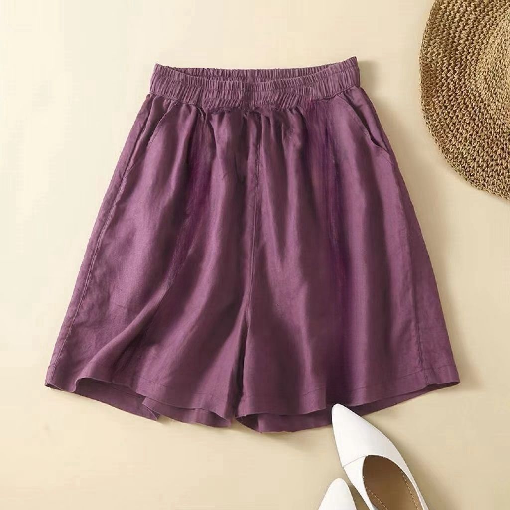 Women's wide-leg, oversized cotton and linen shorts with black fungus trim design for clearance clearance at the counter