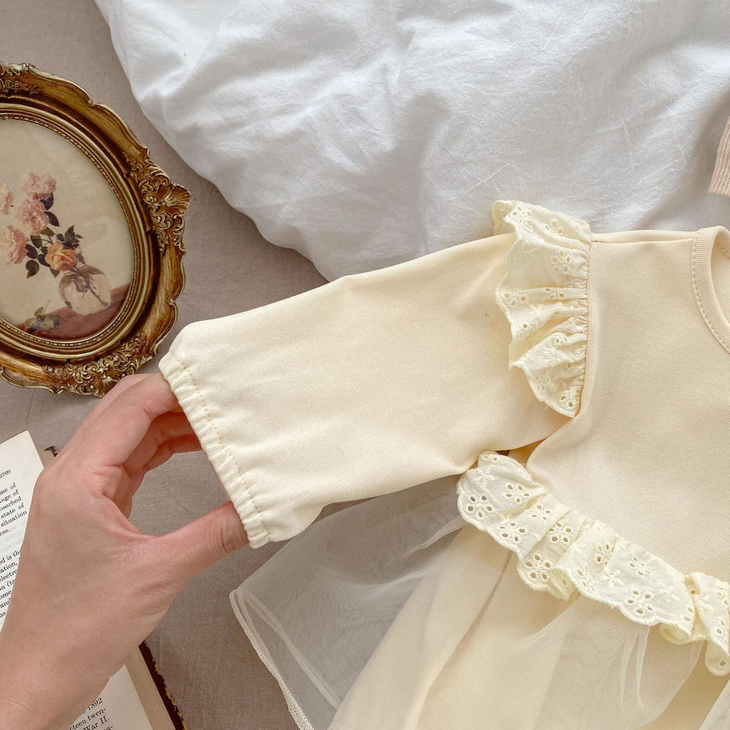 spring female baby clothes solid color lace bag fart dress sweet princess net gauze ha dress go out climbing clothes
