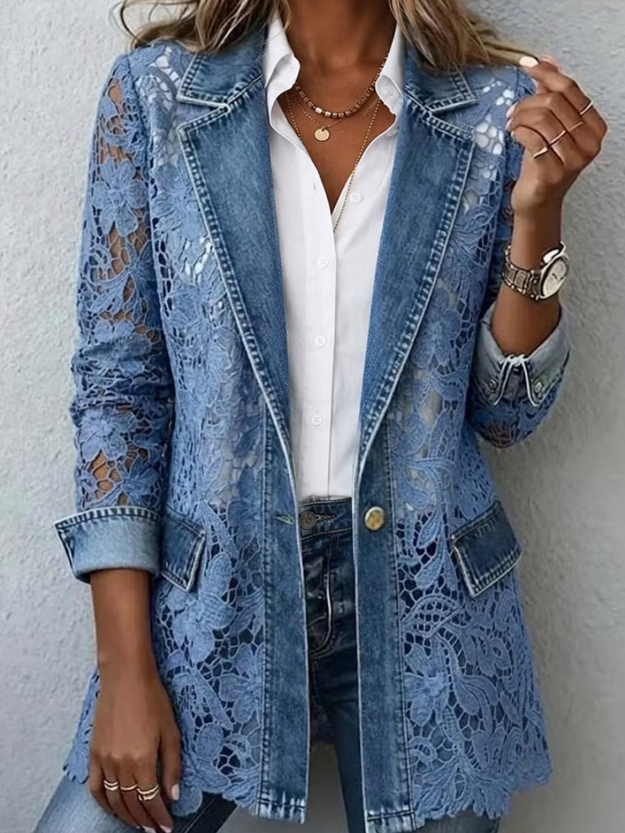 Autumn and winter faux denim jacket single-button mid-length gentle commuter patchwork floral lace suit jacket
