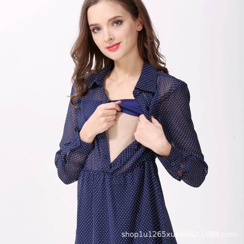 Spring and Autumn Chiffon maternity dress, hot mom's outerwear, lapel long-sleeved lactation dress, polka dot maternity dress