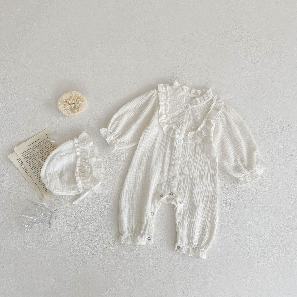 autumn wood ear collar lace new baby toddler virgin girl baby cotton crepe fabric jacquard long-sleeved jumpsuit Long climb