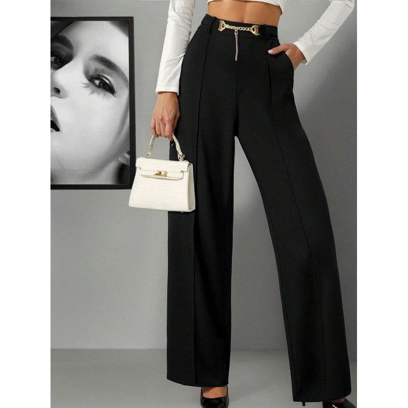This is a pair of high-waisted straight-leg black high-end drape trousers for spring and autumn, paired with a belt