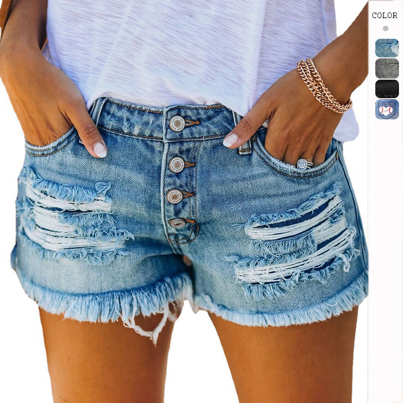 The trendy girls' ripped tassel denim straight-ed shorts are versatile for women's hot pants