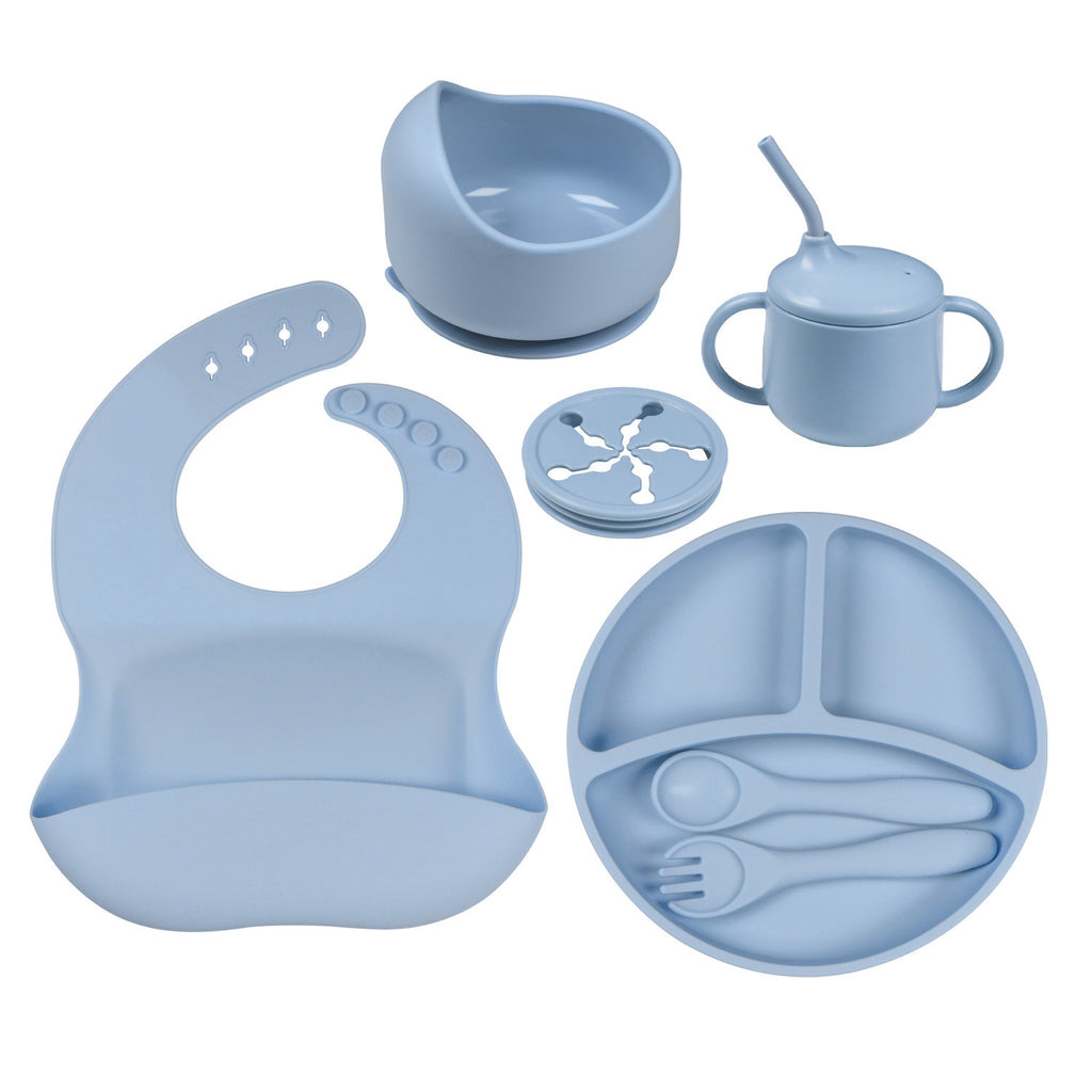 Children's complementary food silicone plates, bowls, forks, spoons, bibs, five-piece tableware, durable plate style