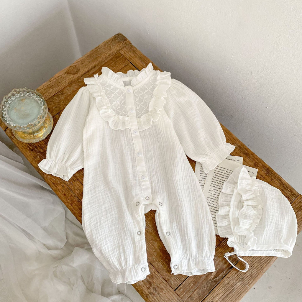 autumn wood ear collar lace new baby toddler virgin girl baby cotton crepe fabric jacquard long-sleeved jumpsuit Long climb