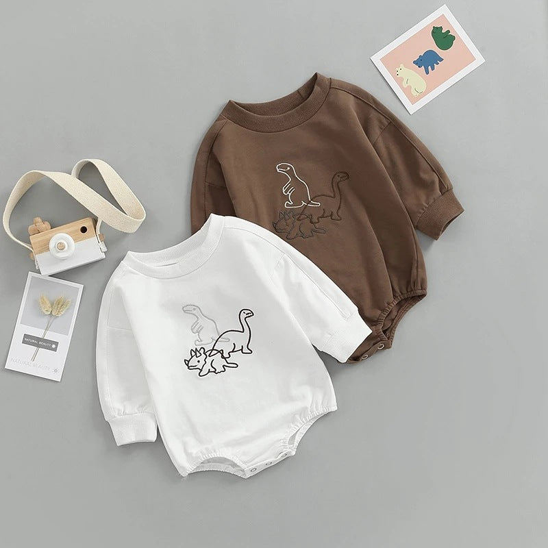 autumn babies and toddlers solid color one-piece climbing suit European and American children's cartoon dinosaur embroidered Ha clothes