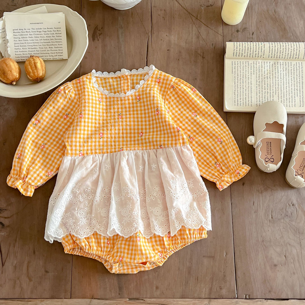 ins fall new baby children's onesie girl baby plaid small floral lace apron ha clothing climbing suit