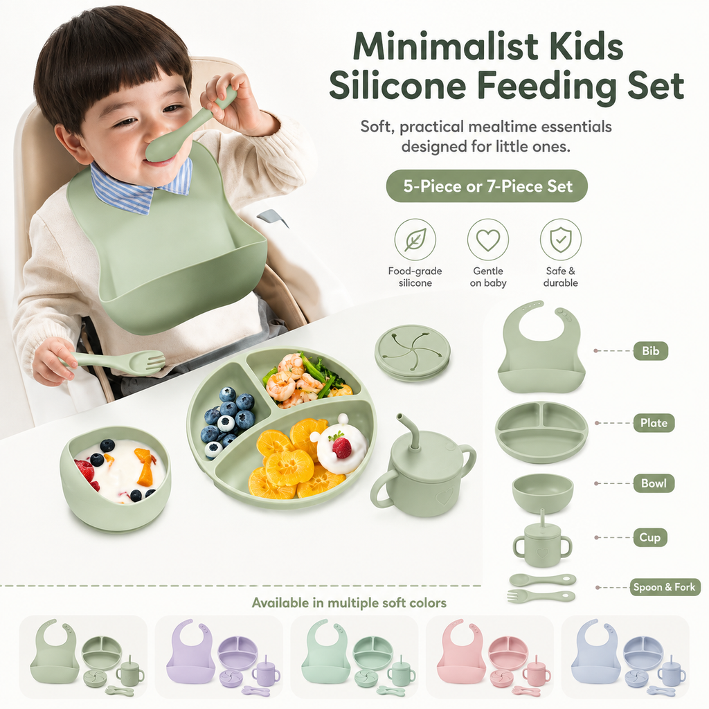 Children's complementary food silicone plates, bowls, forks, spoons, bibs, five-piece tableware, durable plate style