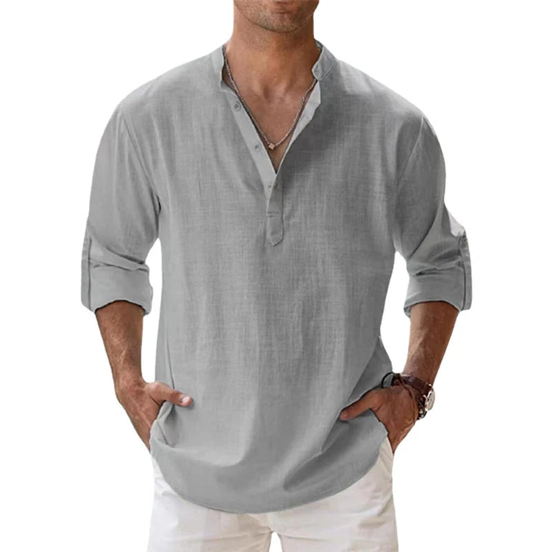 Men's Cotton Linen Henley Shirt – Long Sleeve