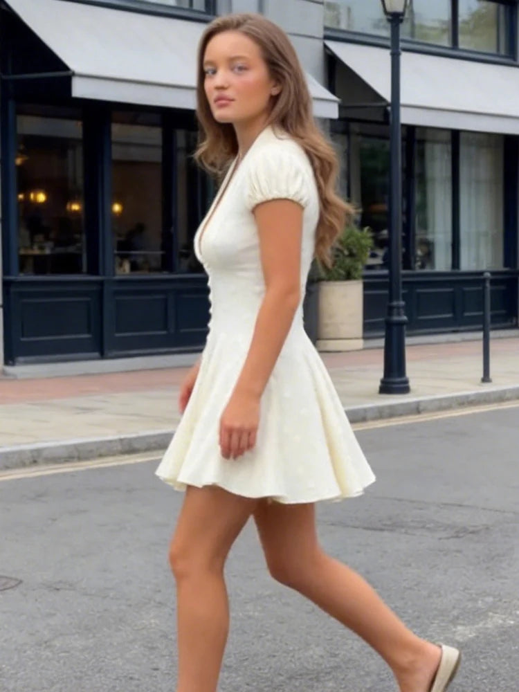 Elegant Polka Dot Mini Dress – Deep V Neck