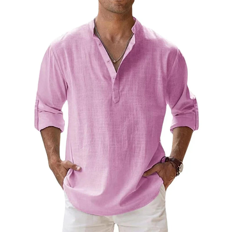 Men's Cotton Linen Henley Shirt – Long Sleeve