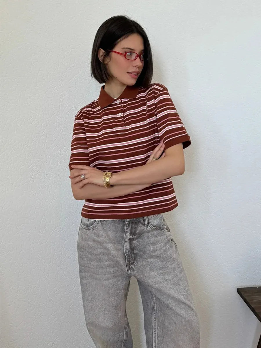 Women's Retro Striped Polo T-Shirt