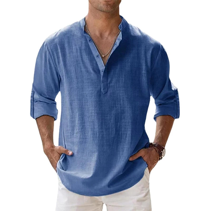 Men's Cotton Linen Henley Shirt – Long Sleeve