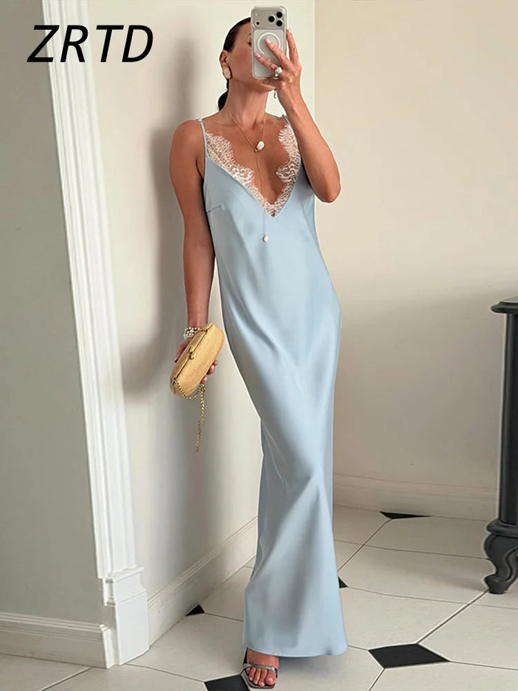 Elegant Lace Satin Maxi Dress – Sleeveless V-Neck