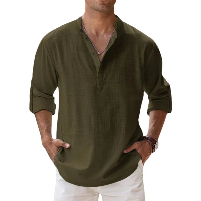 Men's Cotton Linen Henley Shirt – Long Sleeve