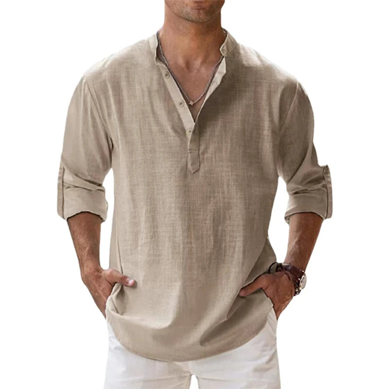 Men's Cotton Linen Henley Shirt – Long Sleeve
