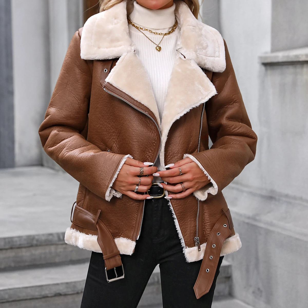 Fitaylor Winter Women Faux Fur Leather Jacket Casual Lady Thick Warm Leather Coat High Street Motorcycle Outwear
