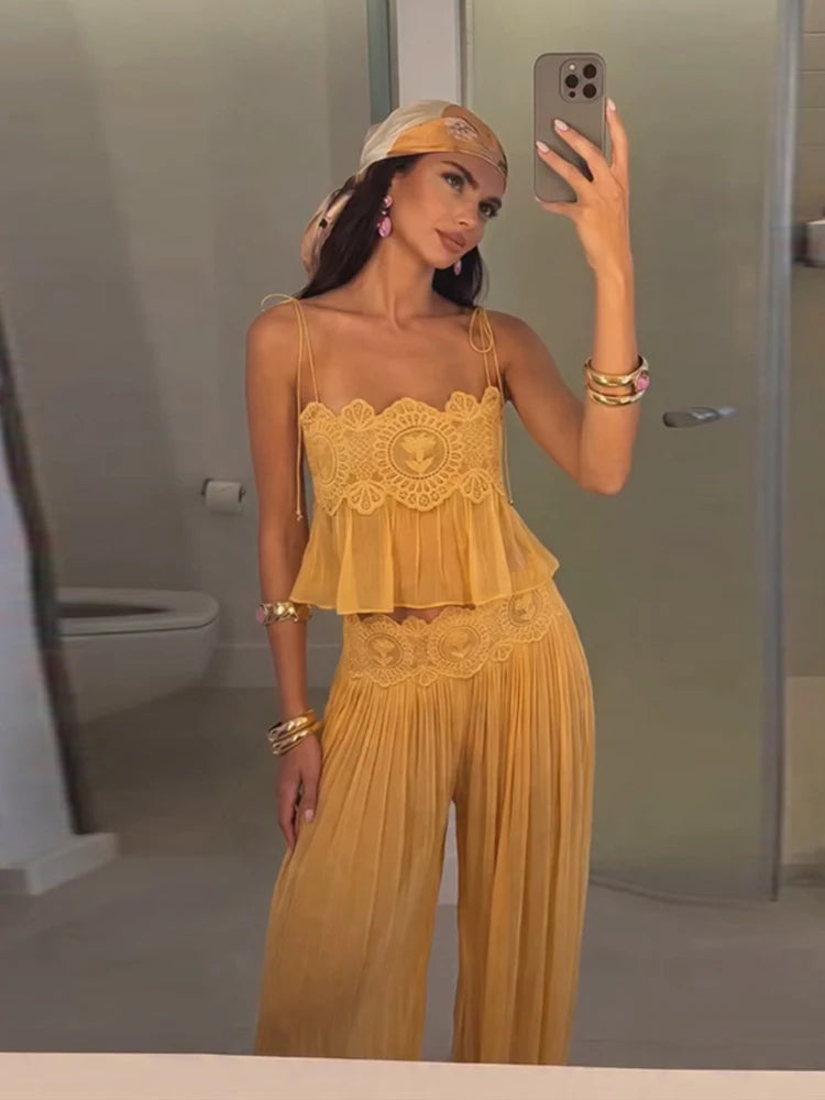 Women's Lace Top & Wide Leg Pants Set