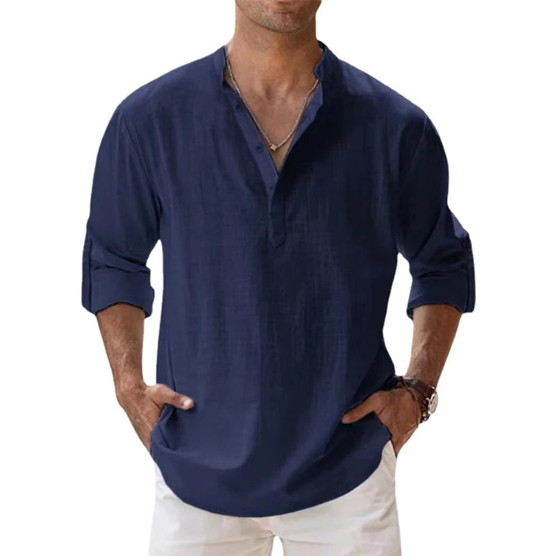 Men's Cotton Linen Henley Shirt – Long Sleeve