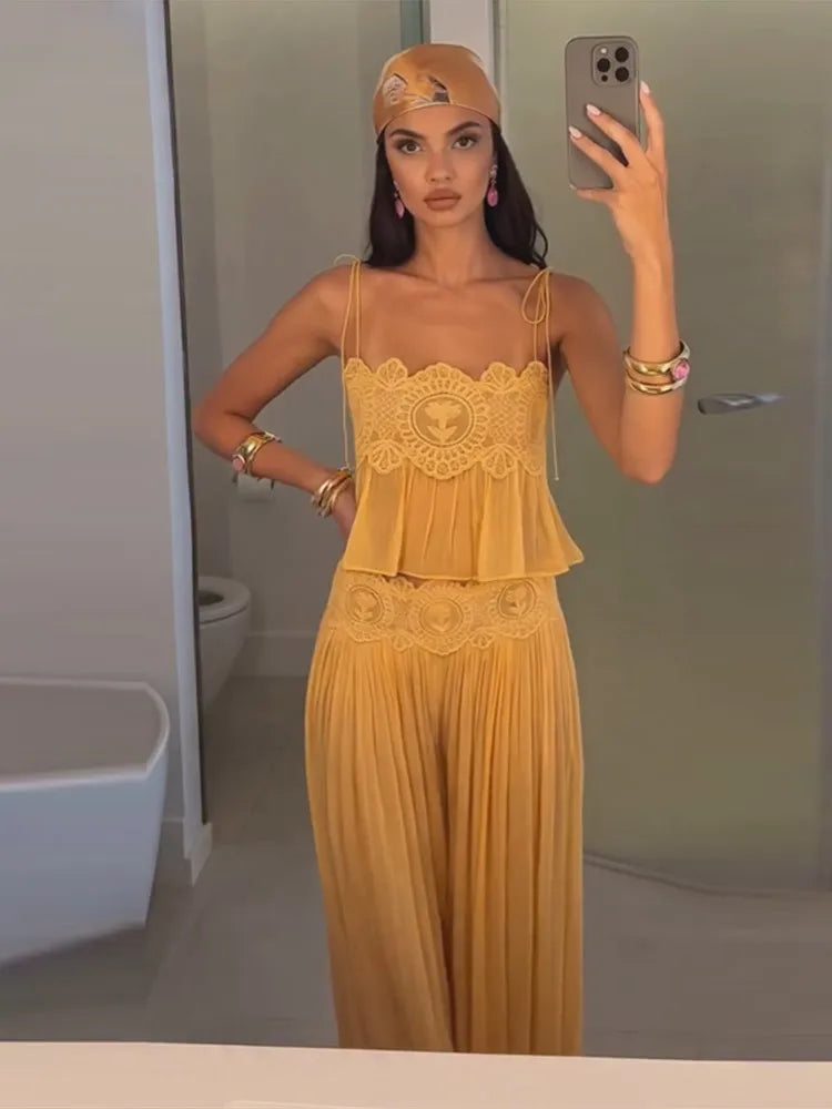 Women's Lace Top & Wide Leg Pants Set