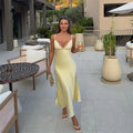 Elegant Lace Satin Maxi Dress – Sleeveless V-Neck