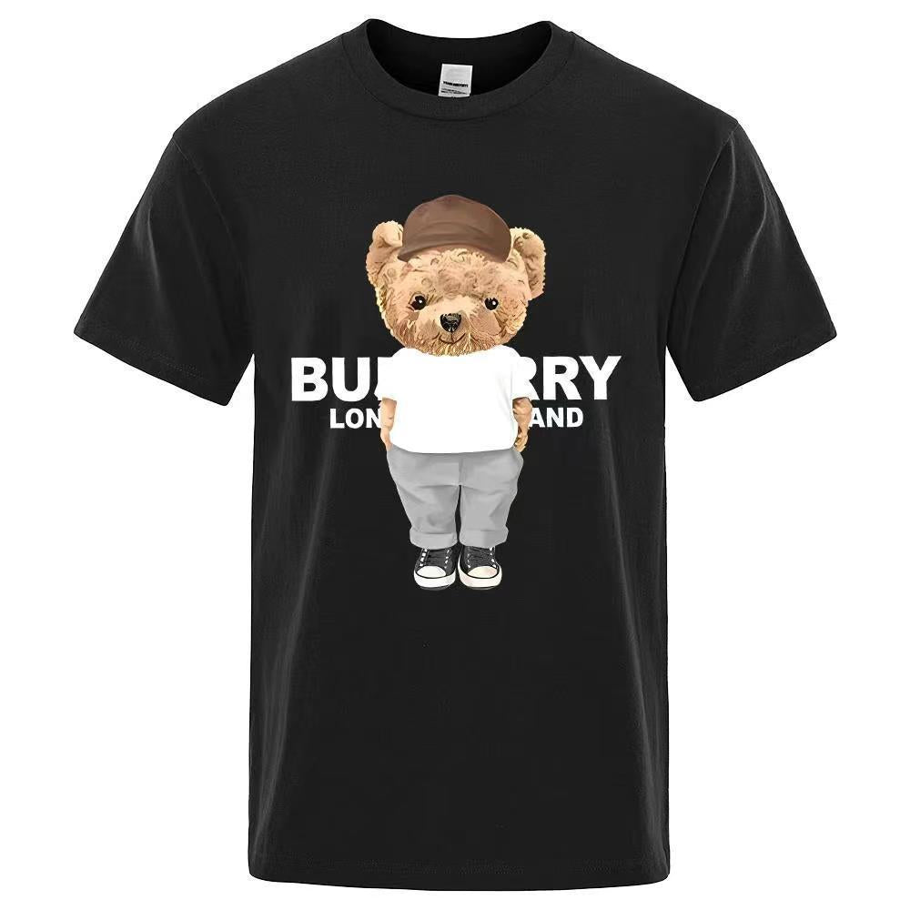 Men's T-shirt with bear print, men's loose T-shirt, casual round-neck top, pullover