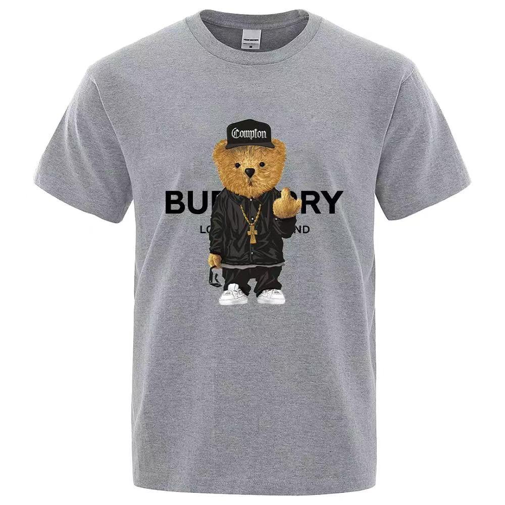 Men's T-shirt with bear print, men's loose T-shirt, casual round-neck top, pullover