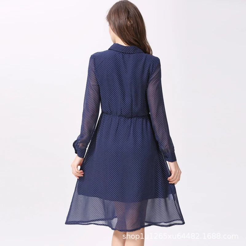 Spring and Autumn Chiffon maternity dress, hot mom's outerwear, lapel long-sleeved lactation dress, polka dot maternity dress